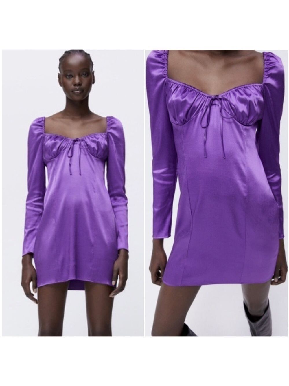 Zara Gathered Satin Mini Long Sleeve Mini Dress in Purple